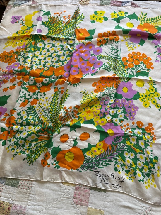 Maggie Rouff Accessories - F—Floral silk scarf  - White with Orange, Green & Purple